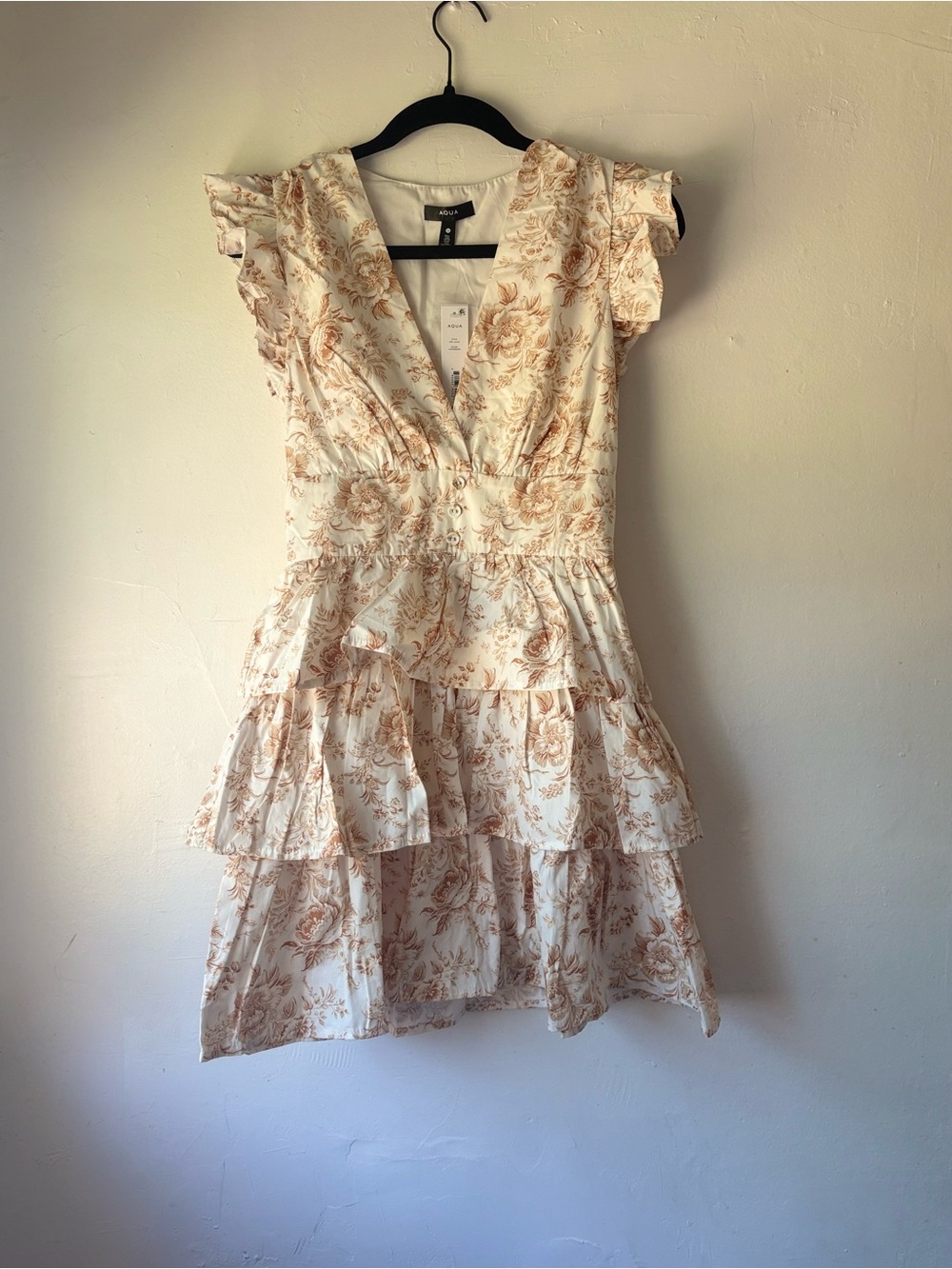 Aqua Floral Ruffle Tiered Dress in Cream and Tan
